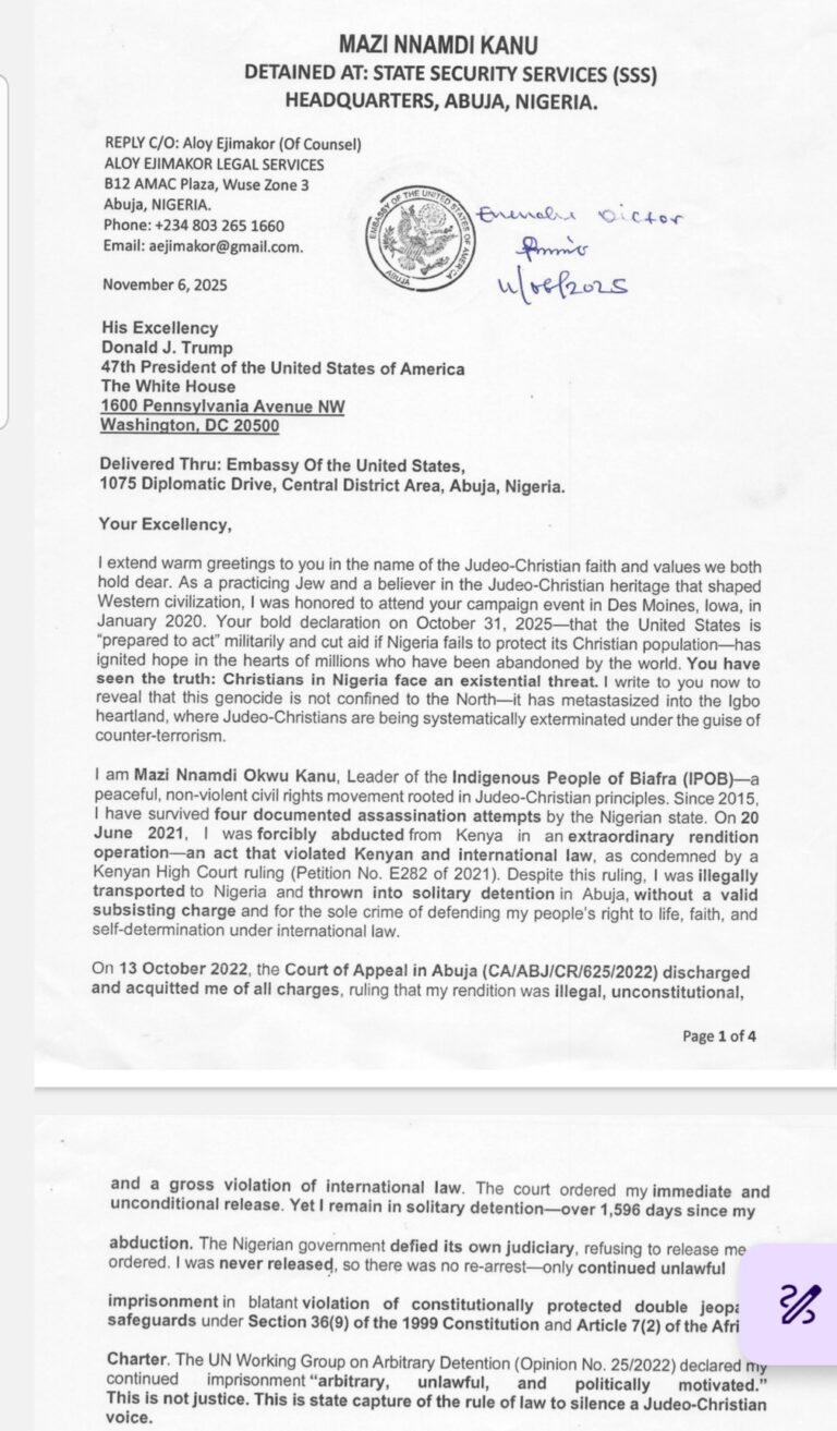 Kanu letter to Trump